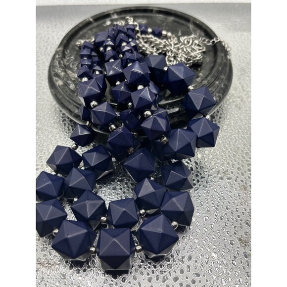 Charming Charly Chunky Geometric Blue Beaded Statement Necklace on Silver Chain - Picture 9 of 11
